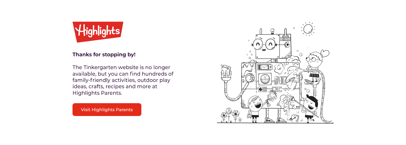 Tinkergarten website notice directing visitors to Highlights Parents.